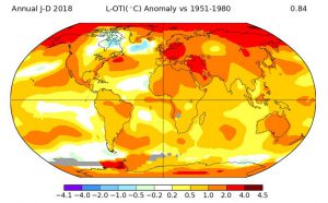 Riscaldamento globale: l'anomalia delle temperature globali nel 2018. Fonte NASA